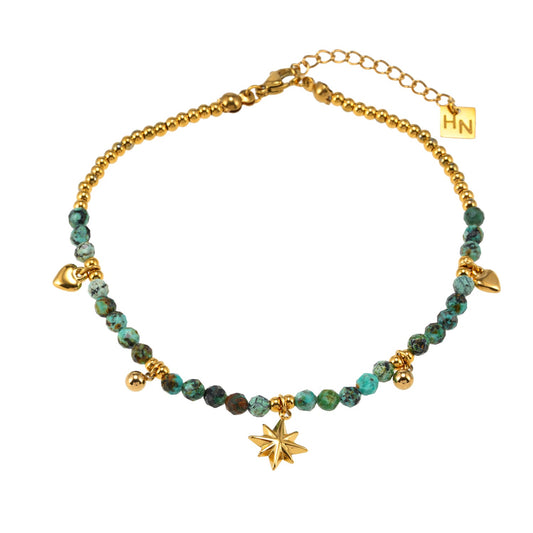 Blue Turquoise Stones with Gold Beads & Charms Chain Anklet