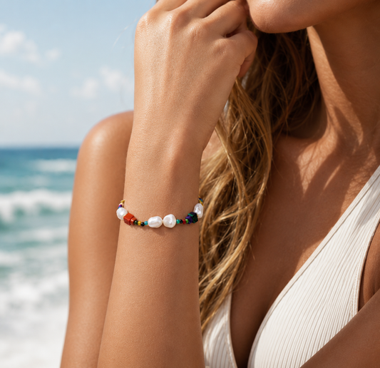 BANYANA: Paradise Found - Colourful Bracelet with Gold Beads, Natural Stones, and Freshwater Pearls
