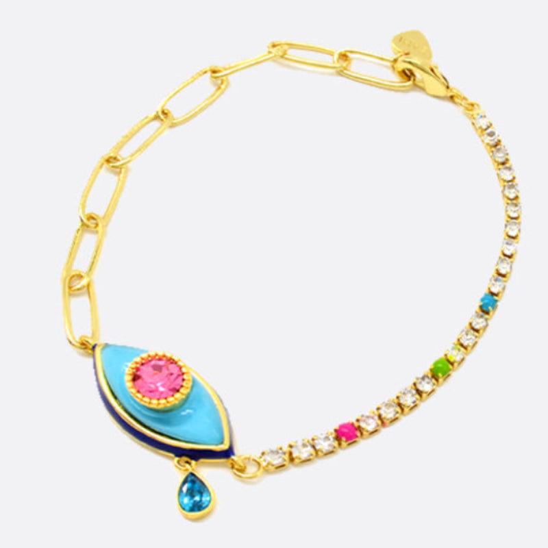 Gold bracelet with colorful gemstones on a white background, branded 'SAHI LONDON'.
