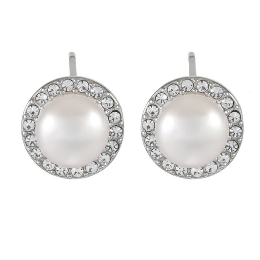 Mini Stud Earrings with Freshwater Pearl & Pavé Zirconia Border