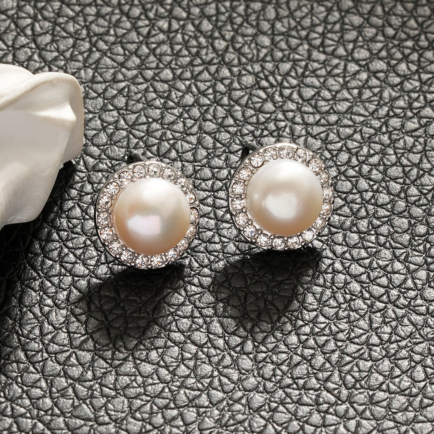 Mini Stud Earrings with Freshwater Pearl & Pavé Zirconia Border