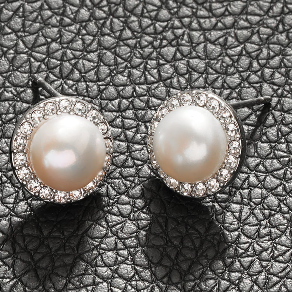 Mini Stud Earrings with Freshwater Pearl & Pavé Zirconia Border