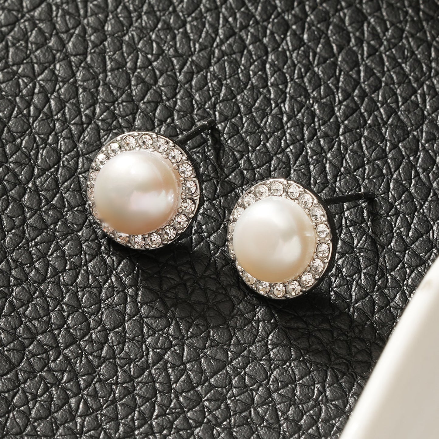 Mini Stud Earrings with Freshwater Pearl & Pavé Zirconia Border