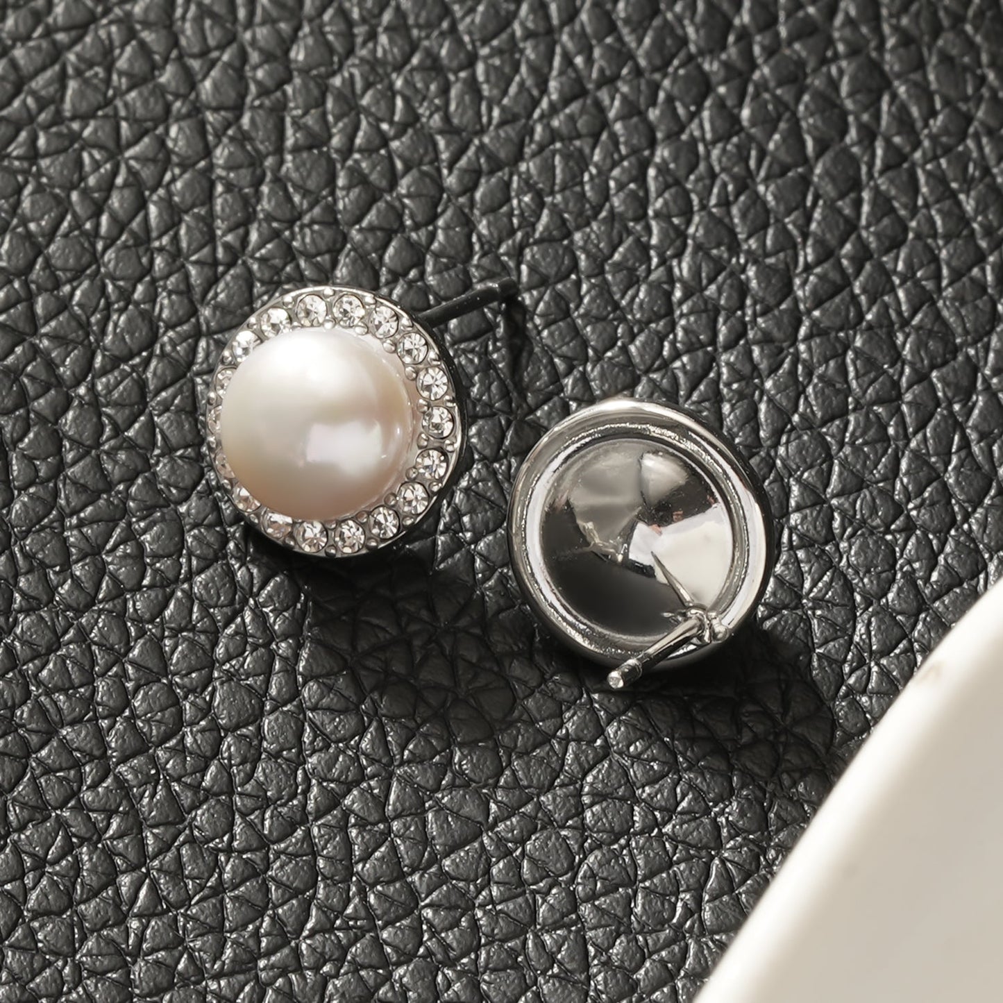 Mini Stud Earrings with Freshwater Pearl & Pavé Zirconia Border