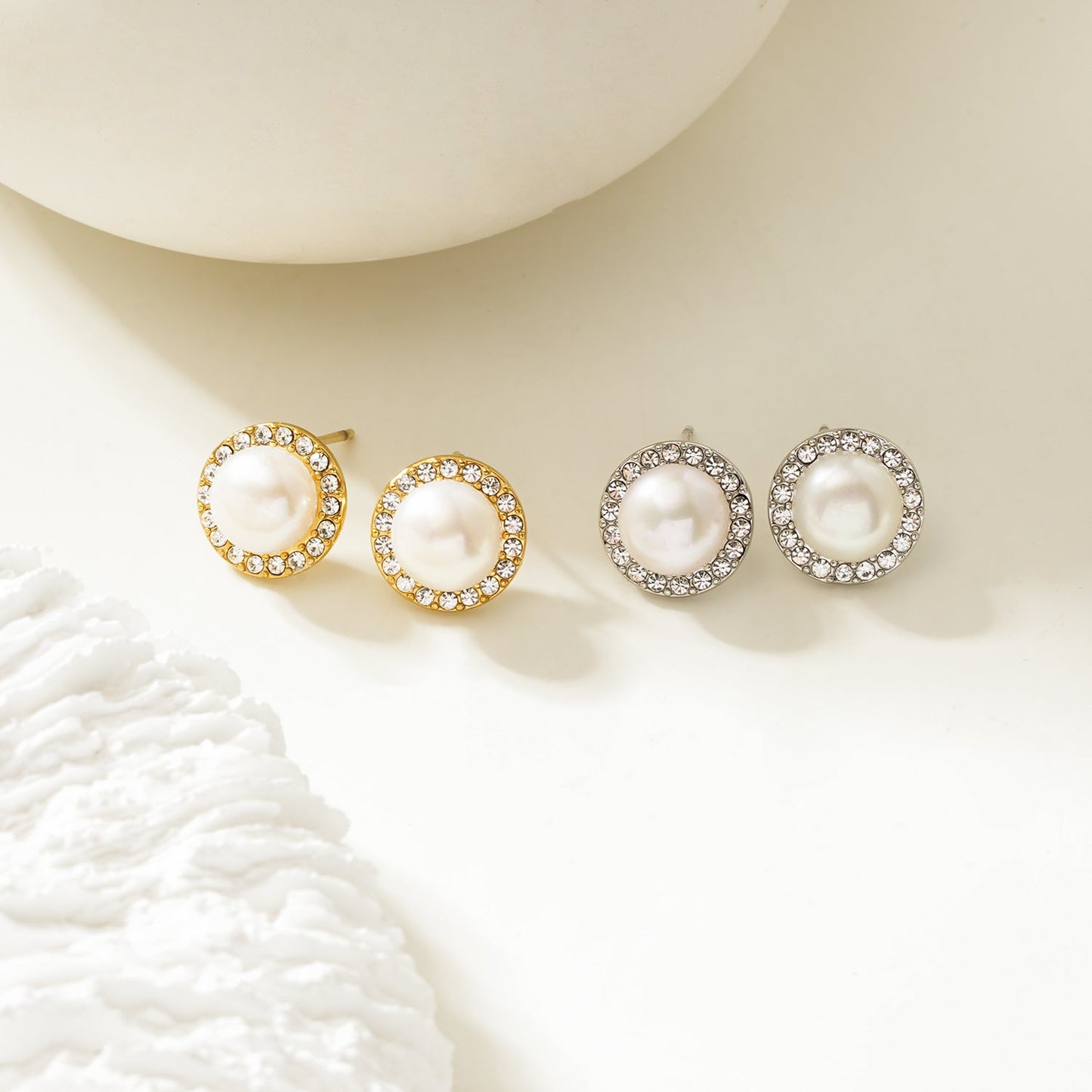 Mini Stud Earrings with Freshwater Pearl & Pavé Zirconia Border