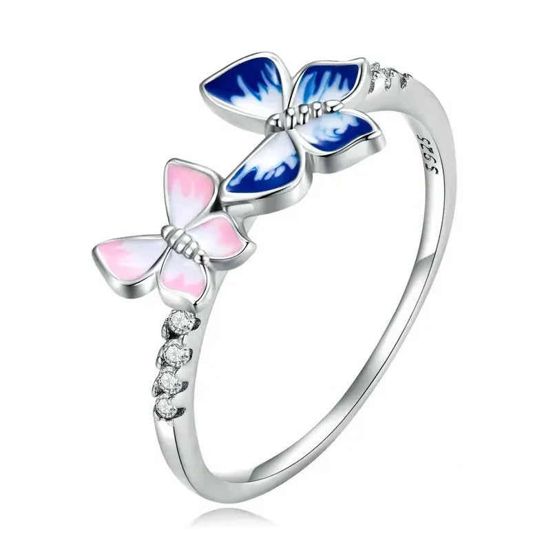 925 Sterling Silver Enamel Butterfly CZ Band Ring