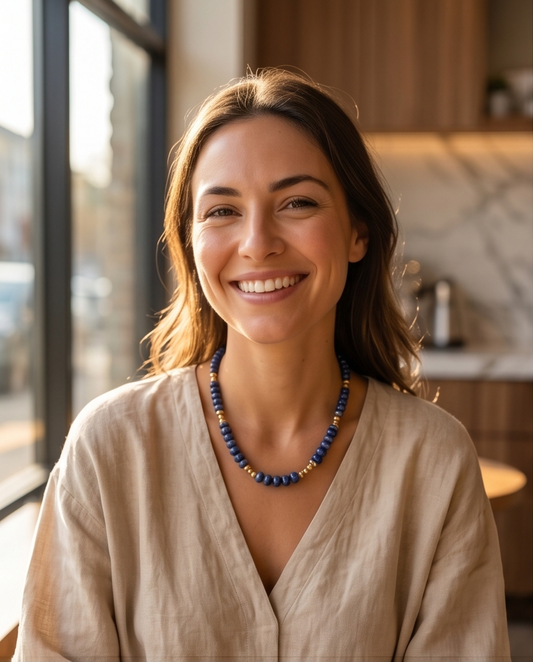ANJA: Sodalite Stone & Gold Beaded Modern Boho Chain Necklace