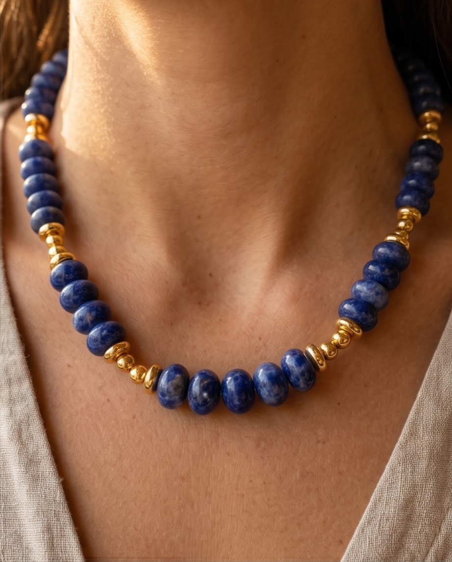 ANJA: Sodalite Stone & Gold Beaded Modern Boho Chain Necklace
