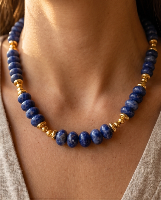 ANJA: Sodalite Stone & Gold Beaded Modern Boho Chain Necklace