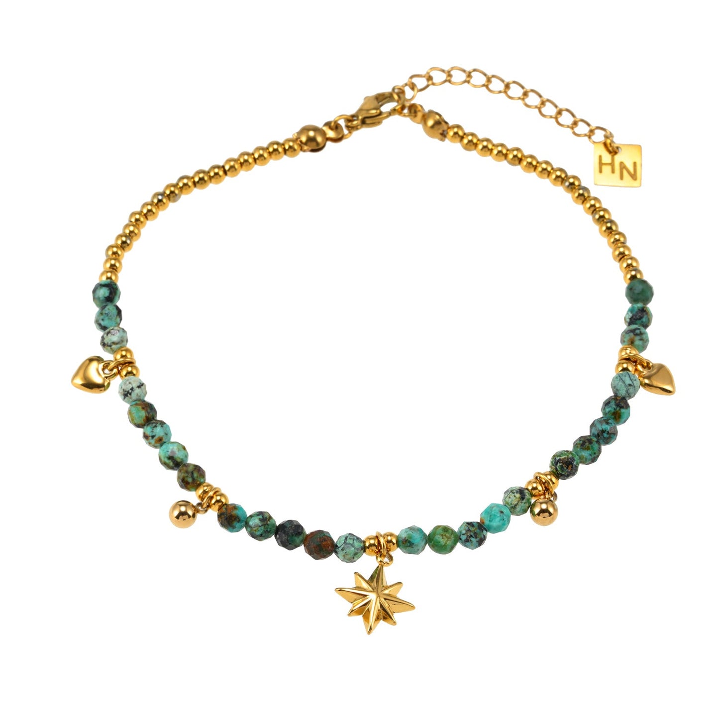 Blue Turquoise Stones with Gold Beads & Charms Chain Anklet