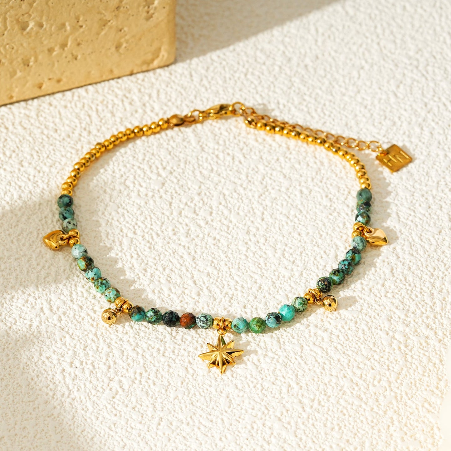 Blue Turquoise Stones with Gold Beads & Charms Chain Anklet