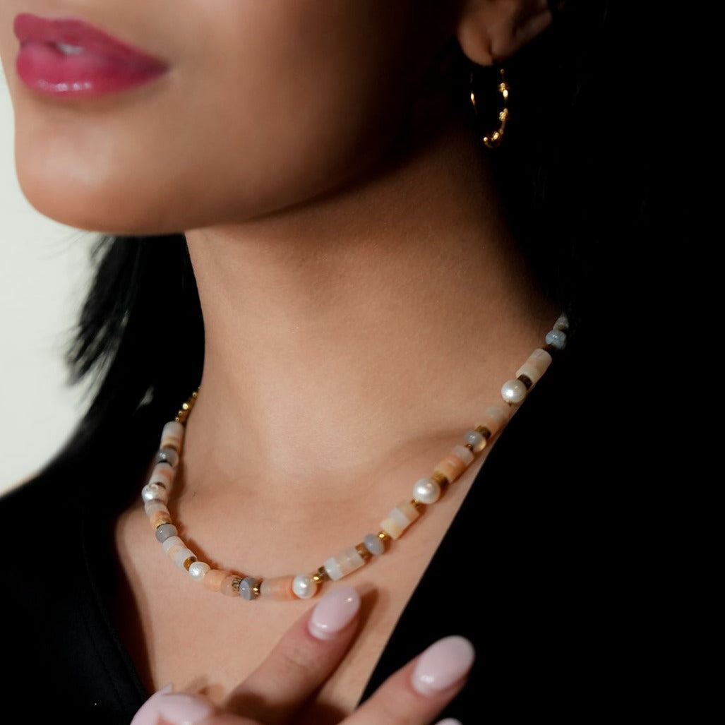 OSTIA: Chalcedony Stones, Fresh Water Pearls & Gold Ball-Beaded Necklace.