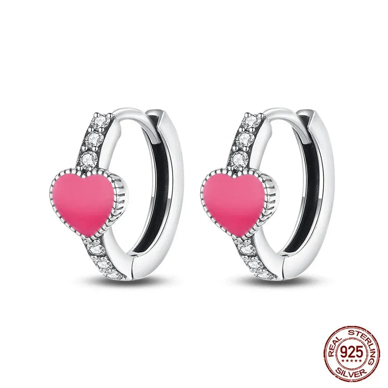 Pink Heart Sterling Silver Huggie Hoop Earrings With Cubic Zirconia