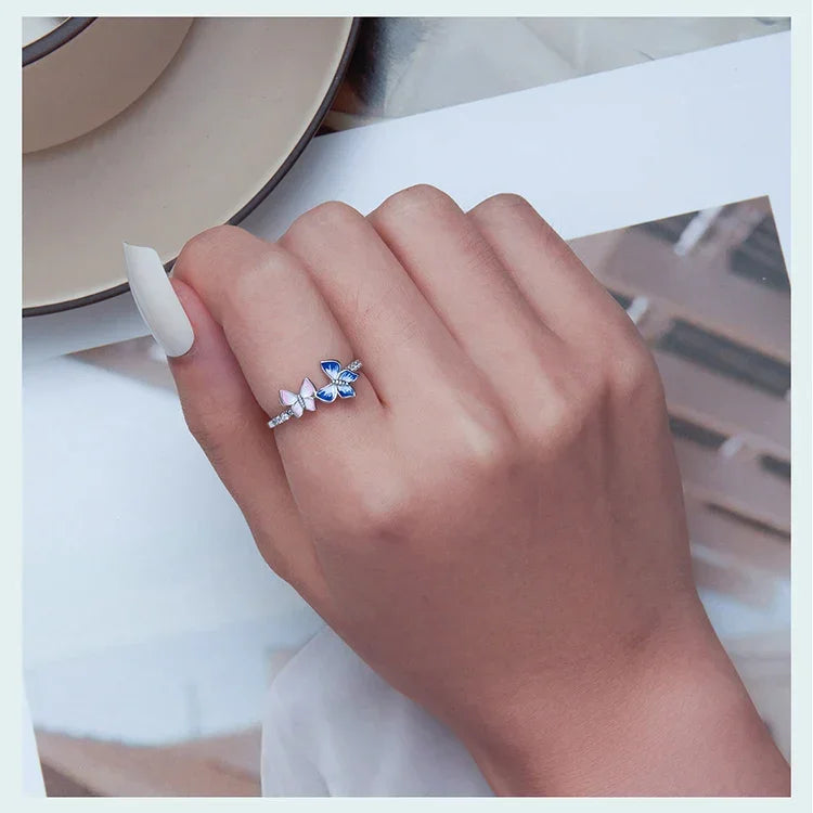 925 Sterling Silver Enamel Butterfly CZ Band Ring