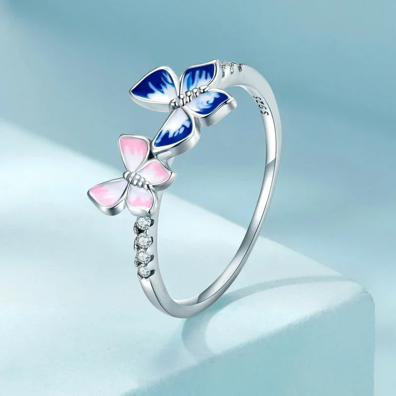 925 Sterling Silver Enamel Butterfly CZ Band Ring