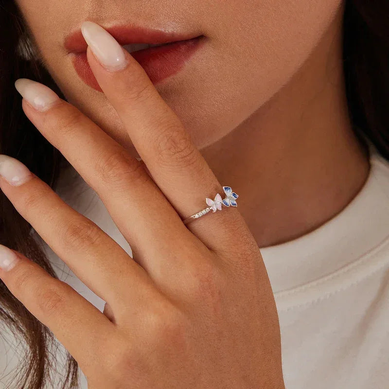 925 Sterling Silver Enamel Butterfly CZ Band Ring