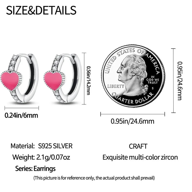 Pink Heart Sterling Silver Huggie Hoop Earrings With Cubic Zirconia