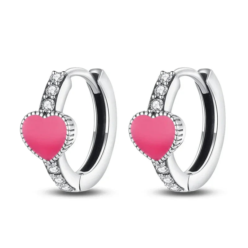 Pink Heart Sterling Silver Huggie Hoop Earrings With Cubic Zirconia