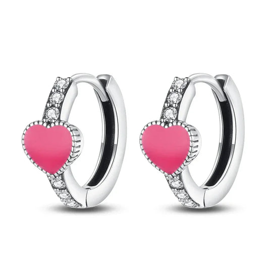 Pink Heart Sterling Silver Huggie Hoop Earrings With Cubic Zirconia