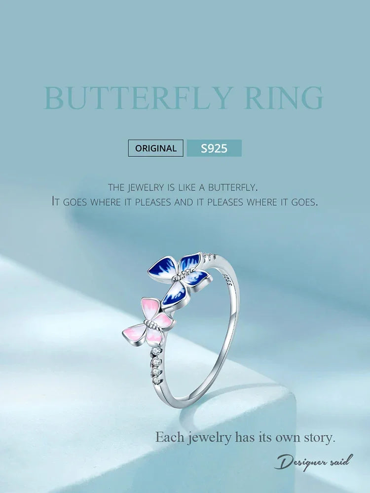 925 Sterling Silver Enamel Butterfly CZ Band Ring