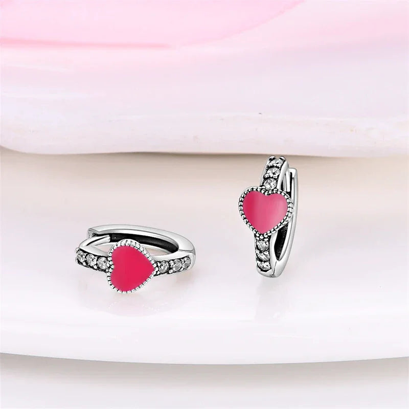 Pink Heart Sterling Silver Huggie Hoop Earrings With Cubic Zirconia