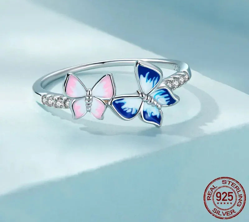 925 Sterling Silver Enamel Butterfly CZ Band Ring